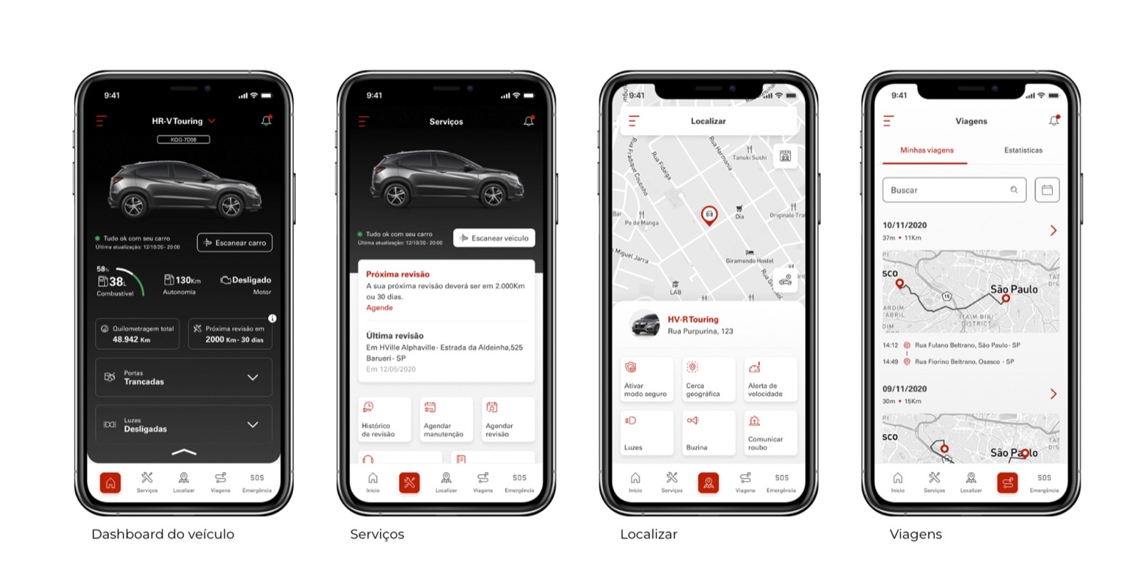 Quatro seções centrais — dashboard do veículo, serviços, localizar e viagens