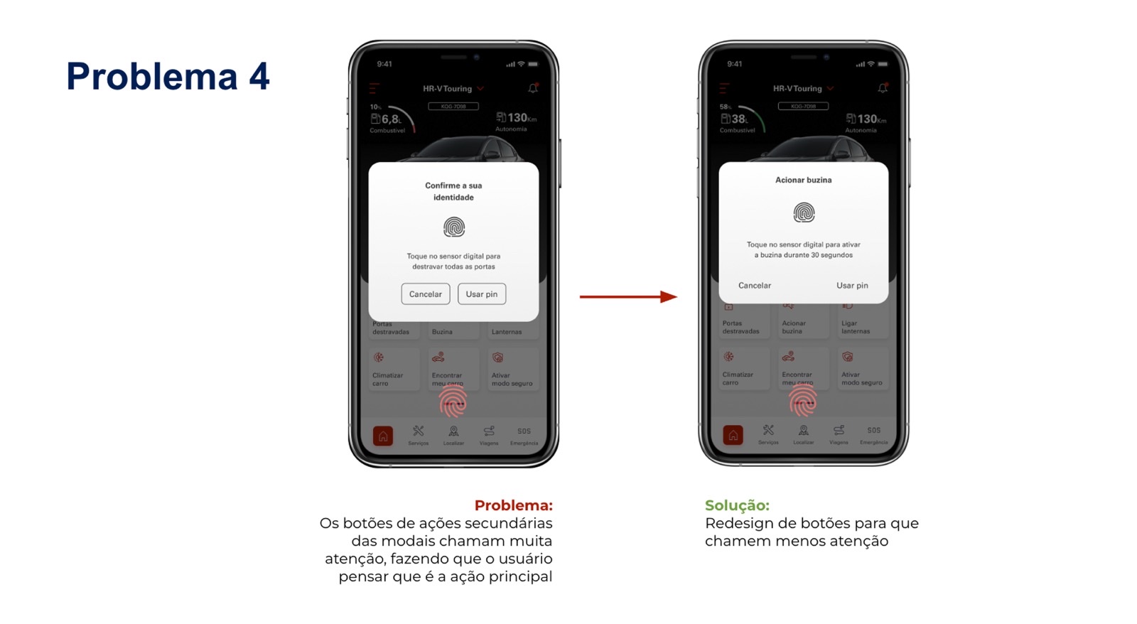 Antes e depois — botões secundários do modal de confirmação suavizados