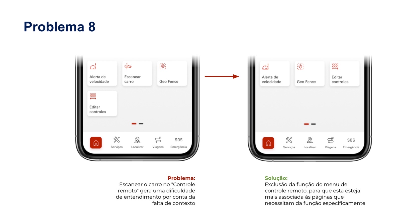 Antes e depois — "escanear carro" removido do menu geral de controle remoto